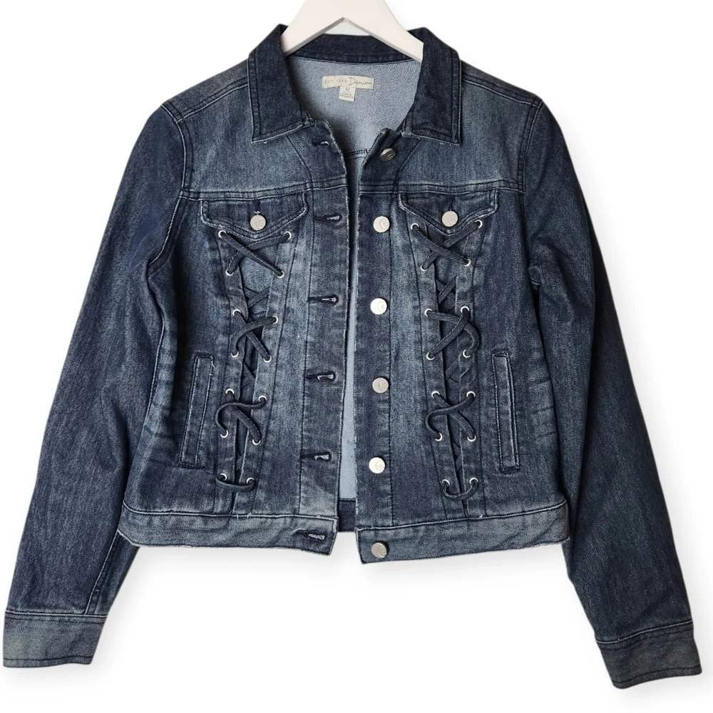 Cato Dark Wash Denim Trucker/Western Jacket With Front Lace-Up Details Size M